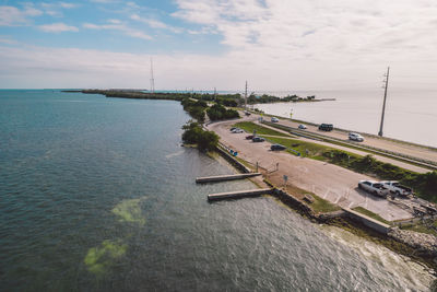 High angle view of boats in harbor