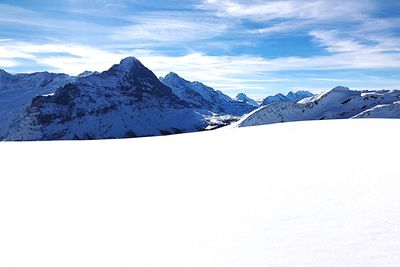 Scenic view of snowcapped mountains against sky