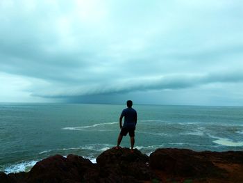 Rear view of man standing at beach against sky