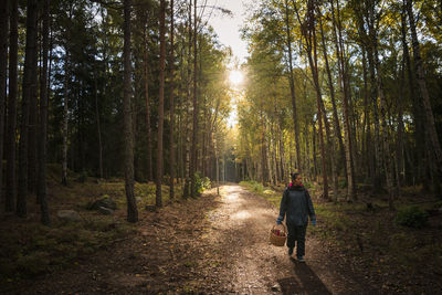 Rear view of man walking in forest