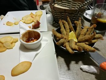 Close-up of food served on table