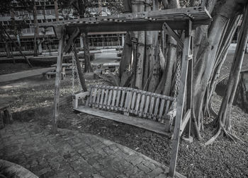 Empty bench in abandoned building