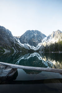 Scenic view of lake and mountains against clear sky