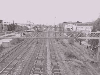 High angle view of railway tracks against clear sky