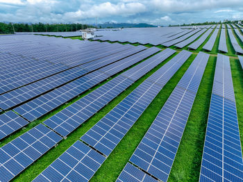 Aerial view of solar farm. sustainable renewable energy and modern photovoltaic technology for eco