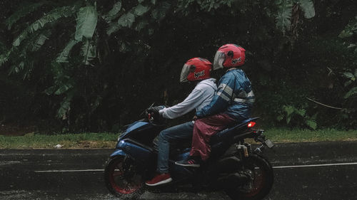 People riding motorcycle on road against trees