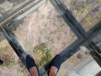 Low section of woman standing on transparent floor