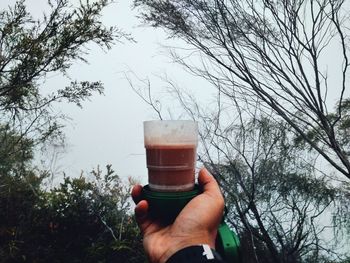 Close-up of hand holding drink against trees