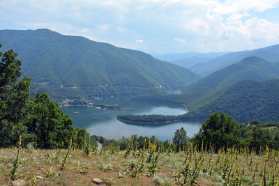 Scenic view of the vacha reservoir in bulgaria with its meanders in a sunny summer day.