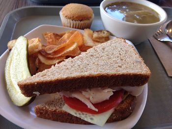 High angle view of breakfast served on table