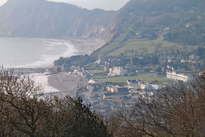 High angle view of townscape and mountains