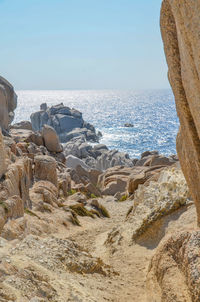 Rocks on beach against sky