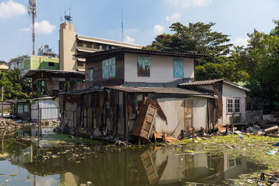 Reflection of trees and buildings in lake