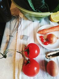 High angle view of fruits on table