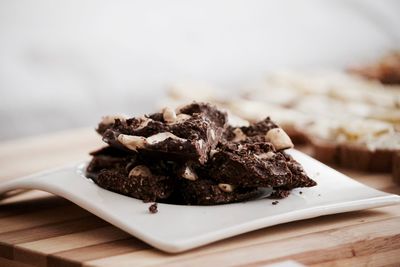 Close-up of homemade cashew chocolate in plate on table