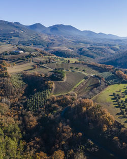 Aerial view of beautiful countryside with mountains in baschi, umbria, italy.