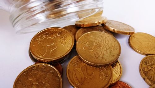 Close-up high angle view of coins