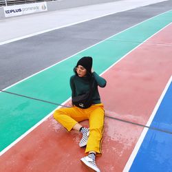 High angle view of young woman looking away