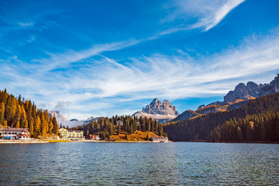 Panoramic view of lake by mountains against sky