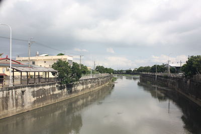 Bridge over river against sky in city