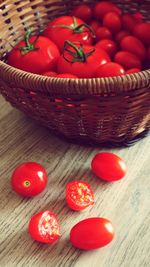 High angle view of fruits in basket on table