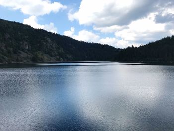 Scenic view of lake and mountains against sky