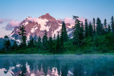 Scenic view of lake and mountains against sky