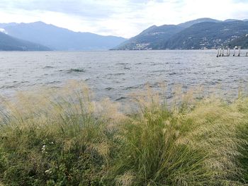 Scenic view of land and mountains against sky