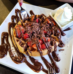 High angle view of dessert in plate