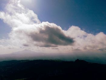 Scenic view of silhouette mountain against dramatic sky