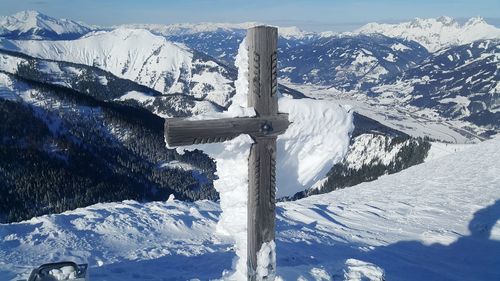 Scenic view of snowcapped mountains during winter