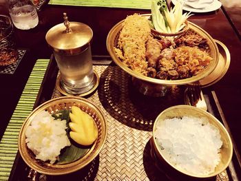 High angle view of food served on table