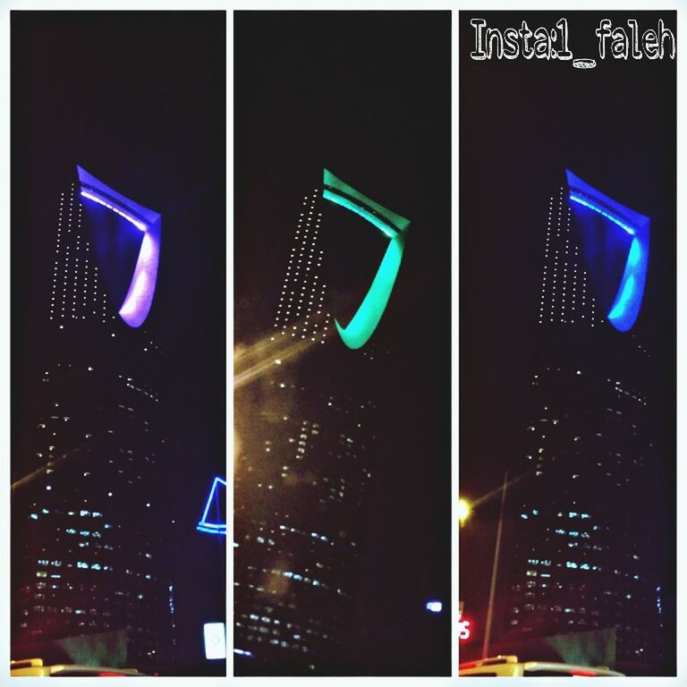 illuminated, night, low angle view, lighting equipment, building exterior, communication, city, architecture, built structure, blue, text, western script, road signal, modern, street light, light - natural phenomenon, commercial sign, no people, guidance, auto post production filter