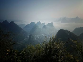 High angle view of mountains against sky