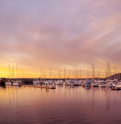 Boats in harbor at sunset