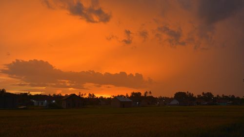 Scenic view of field against orange sky