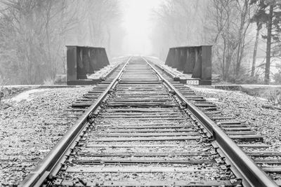 Railroad tracks over bridge amidst bare trees at forest during foggy weather