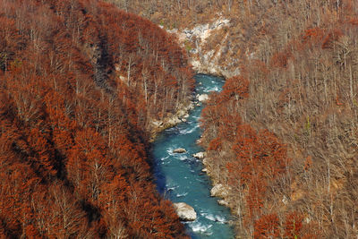 High angle view of river flowing through rock