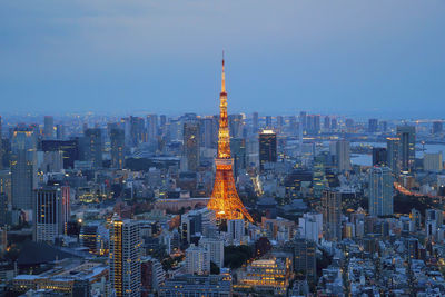 Aerial view of illuminated cityscape