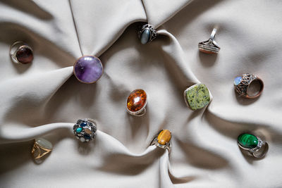 High angle view of christmas decorations on table