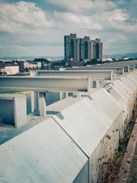 High angle view of buildings against sky