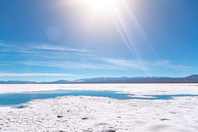 Scenic view of sea against blue sky on sunny day