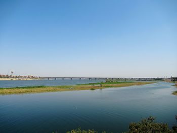 Scenic view of river against clear blue sky