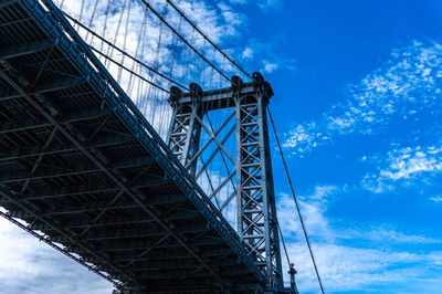 Low angle view of suspension bridge against blue sky