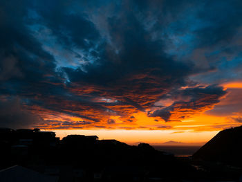 Silhouette buildings against dramatic sky during sunset