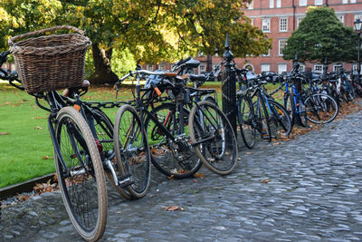 Bicycle parked on cobbled street at park