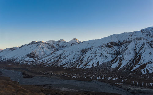 Scenic view of snowcapped mountains against clear sky