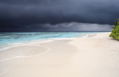 Scenic view of beach against cloudy sky