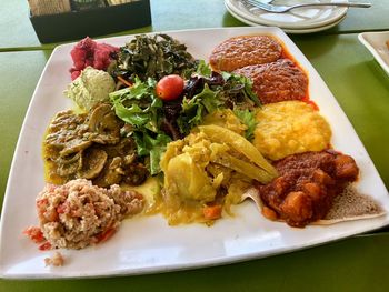 High angle view of breakfast served on table