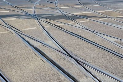 High angle view of railroad tracks on street